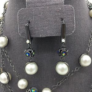 Coldwater Creek Pearl & AB Rhinestone Crystals Gunmetal Necklace Earring Set